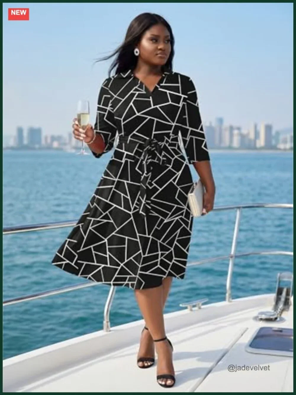 Plus Size Fit and Flare Midi Dress with Pockets and Belt - African Print 3/4